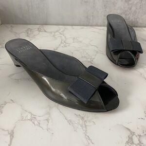 Stuart Weitzman Mules Sz 8 Narrow Dark Green Patent Low Heel Bow Peep‎ Toe